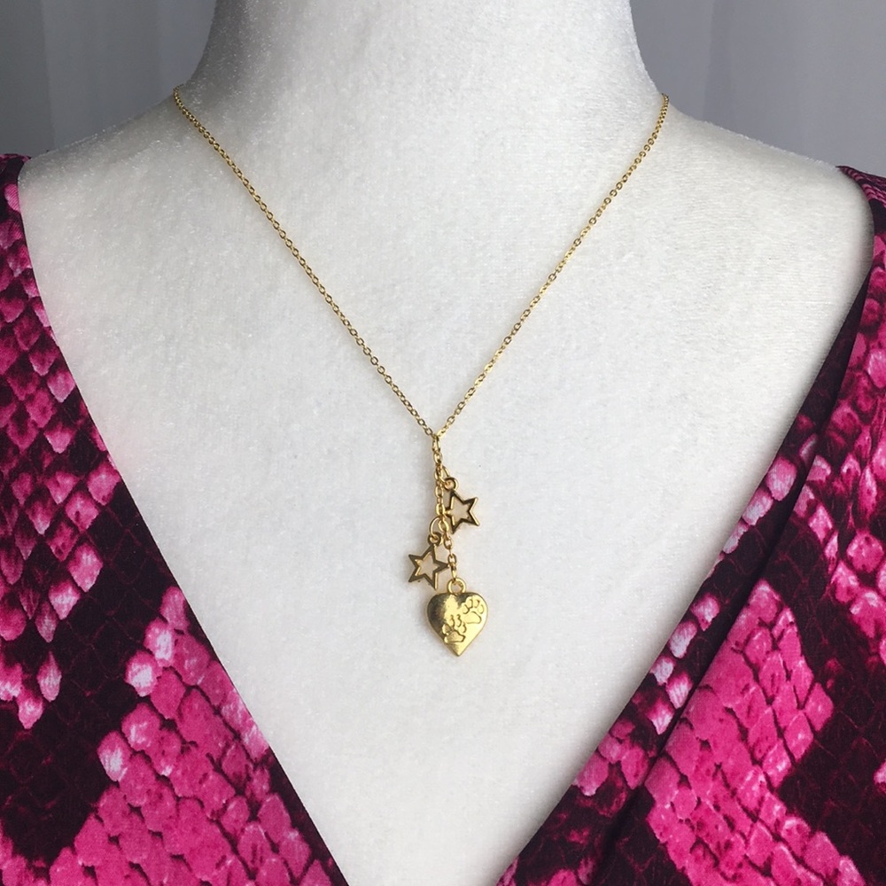NEW Hand Crafted Gold Heart & Starts Necklace